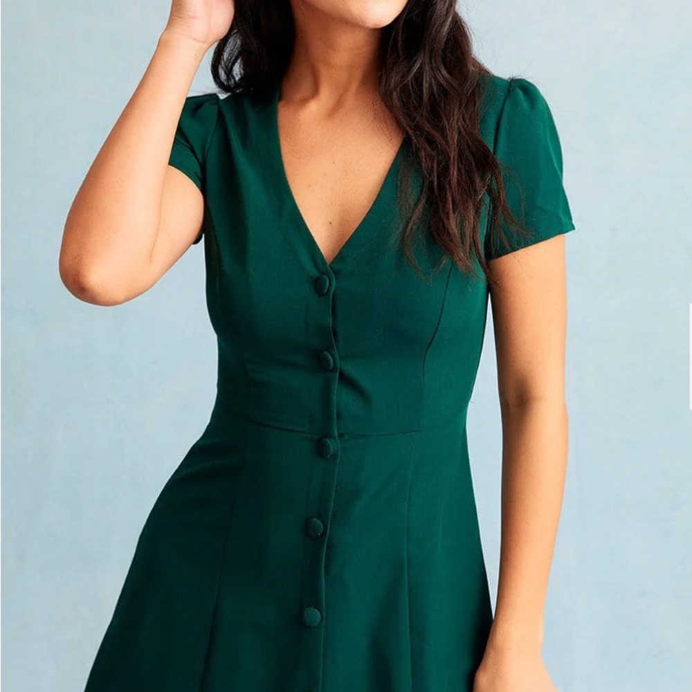 Dark green vneck button-up shirt mini dress